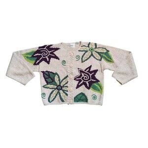 Vintage Womens Art Knit Floral Cardigan Sweater Size M Folk Art Boho Embroidered